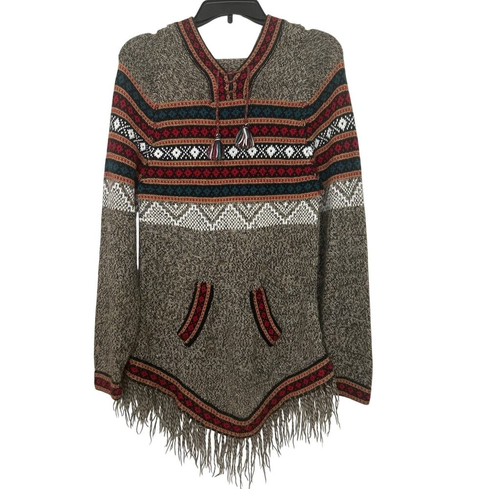 Artesania Edm Alpaca Hooded Sweater L Fair Isle Fringe Peruvian Boho Tunic